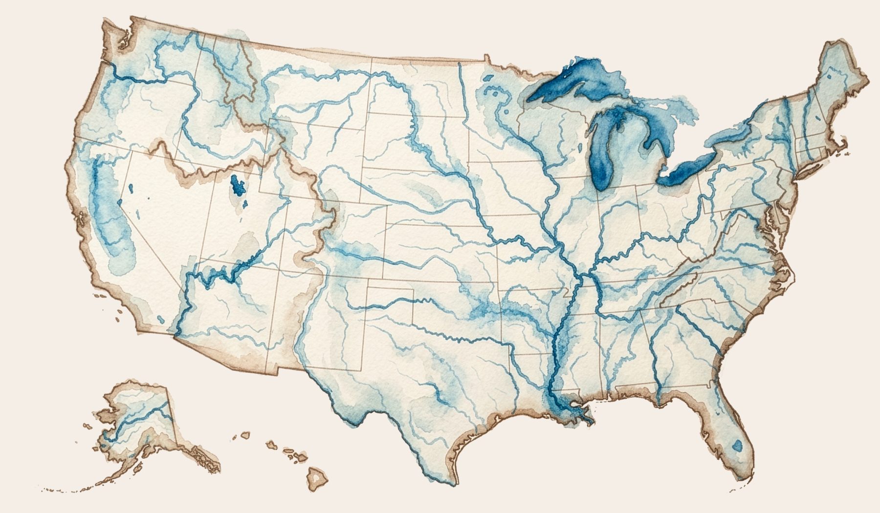 Watercolor map of the United States with major rivers